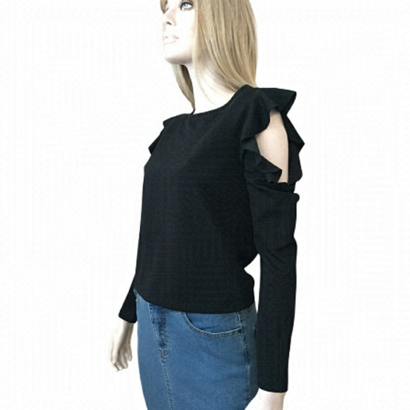Dynamite Ruffled Cold Shoulder Black Top Blouse Textured Long Sleeve NWOT - Picture 11 of 13